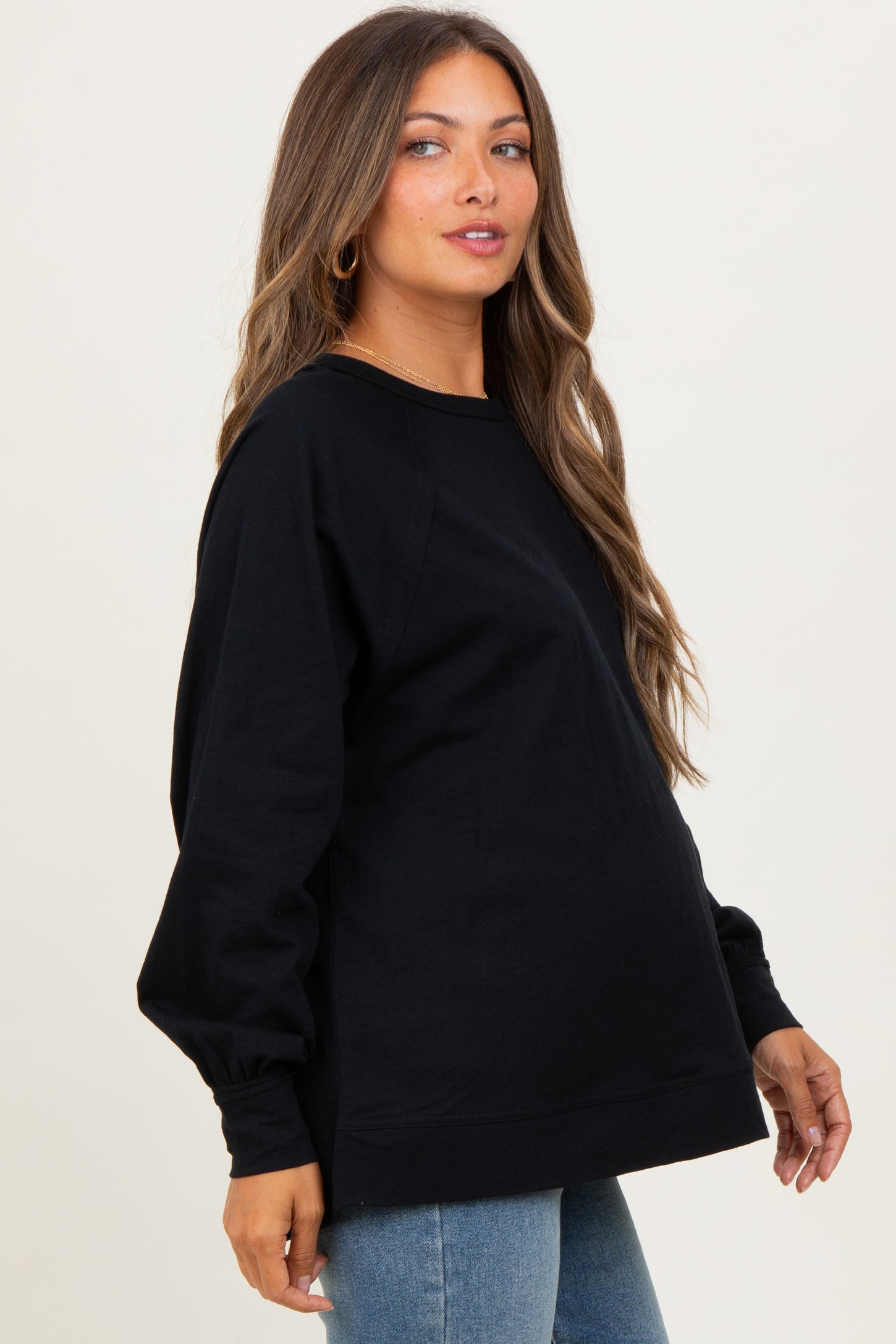 Black Oversized Cotton Slub Long Sleeve Maternity Top