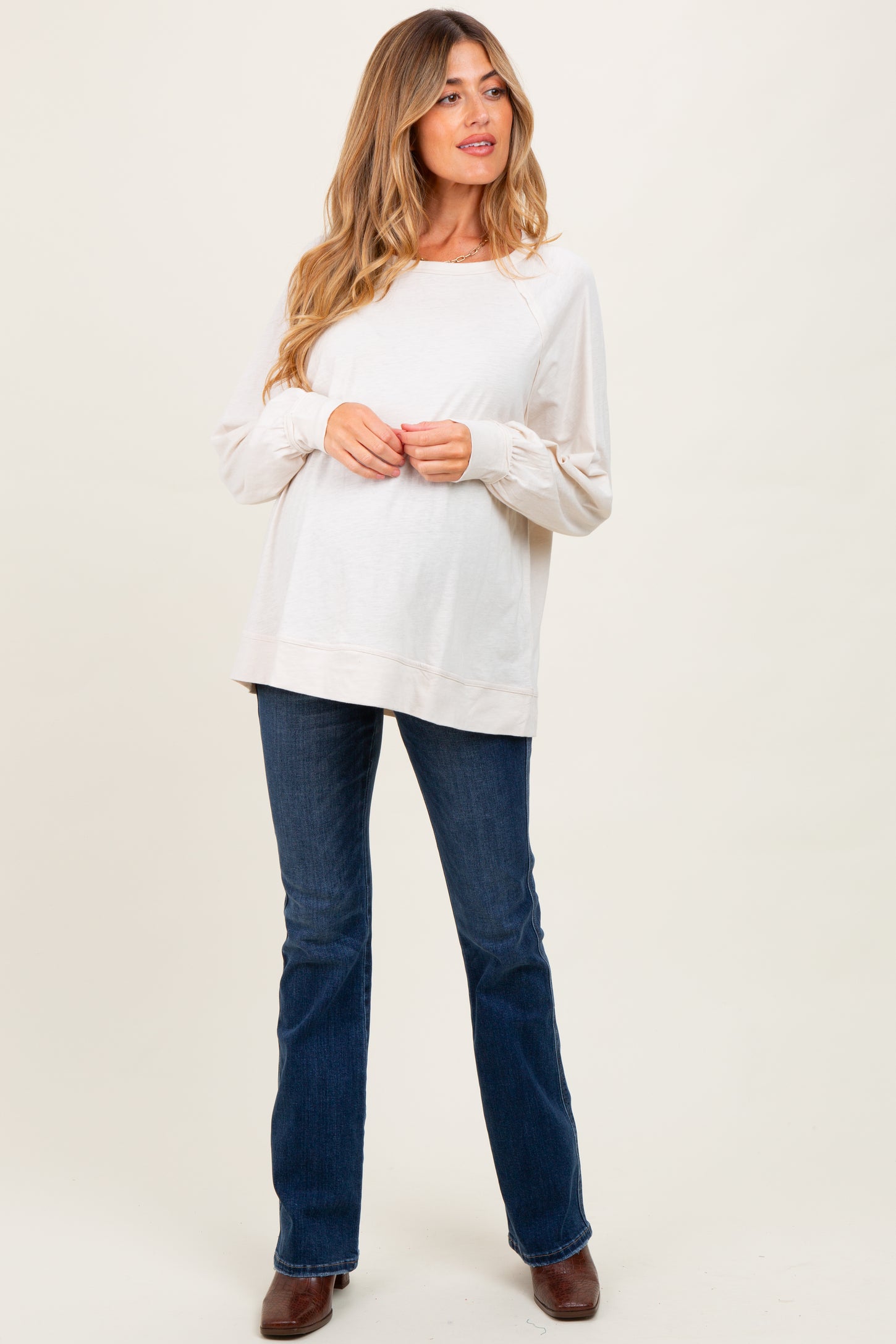 Cream Oversized Cotton Slub Long Sleeve Maternity Top