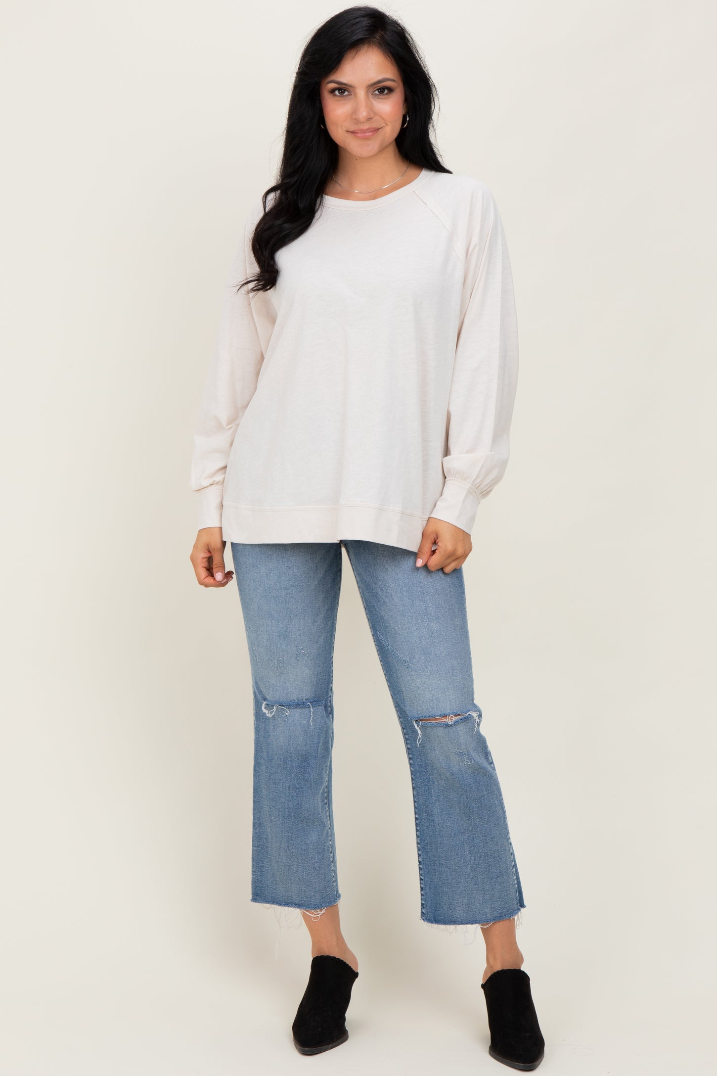 Cream Oversized Cotton Slub Long Sleeve Top