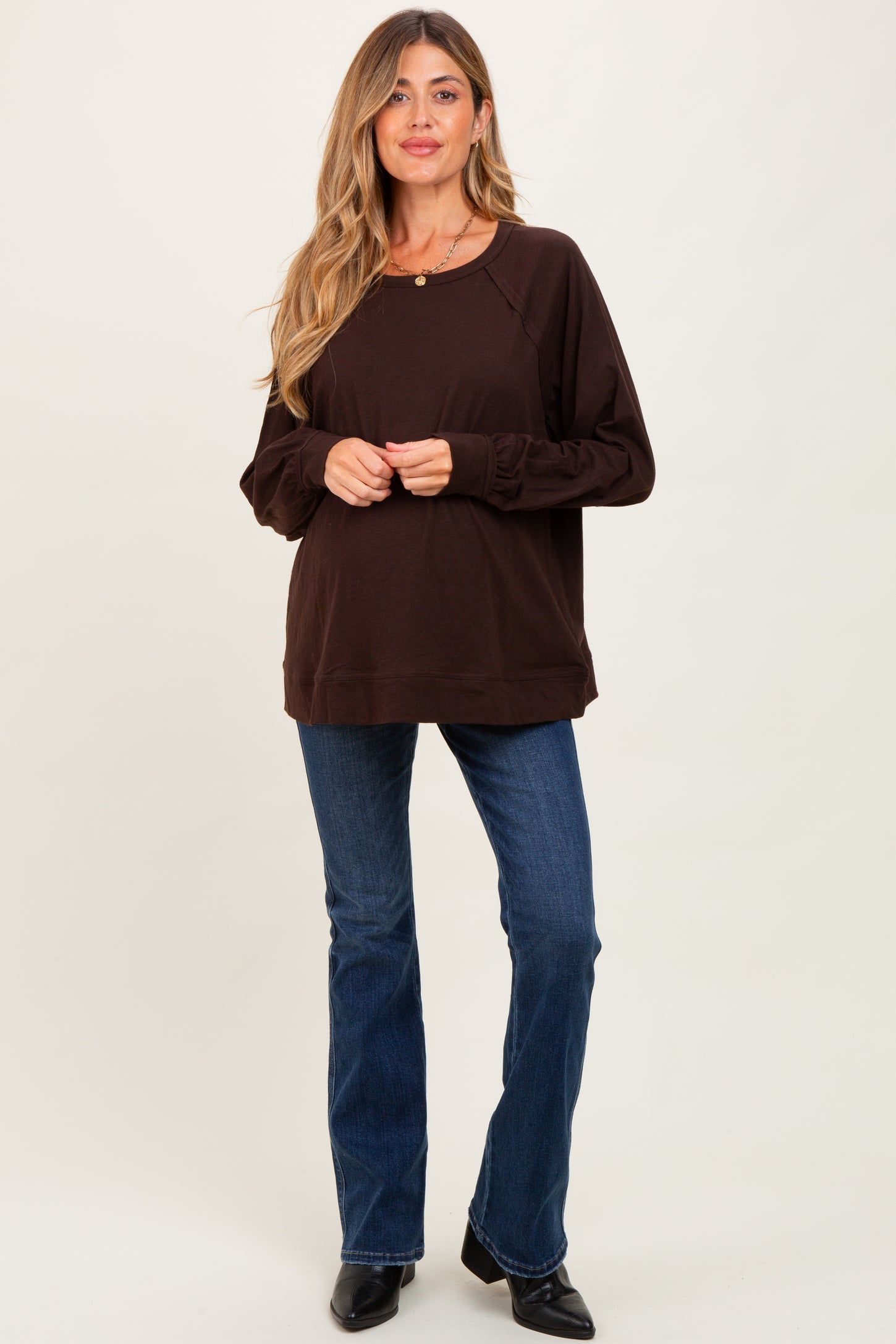 Brown Oversized Cotton Slub Long Sleeve Maternity Top