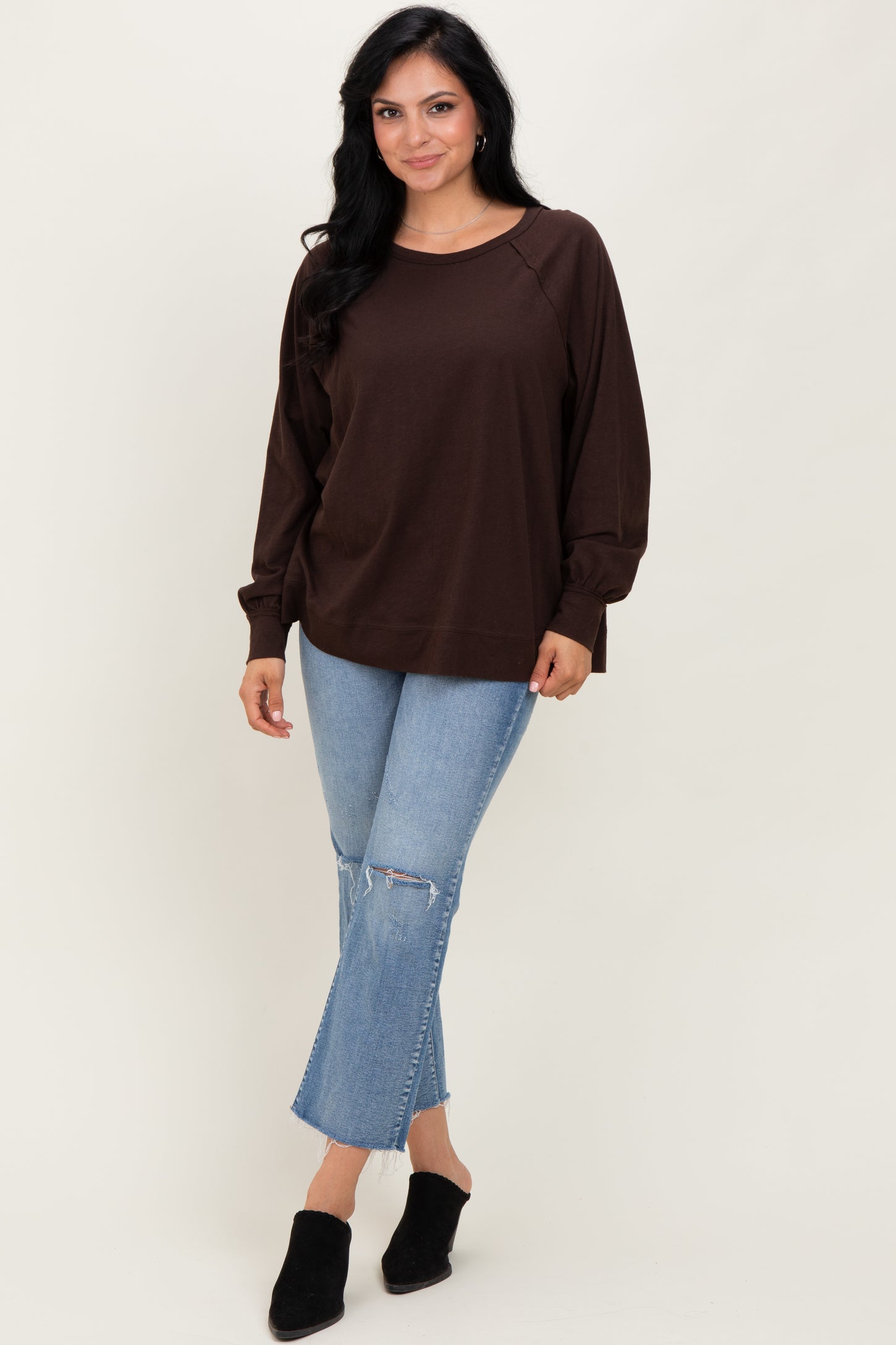 Brown Oversized Cotton Slub Long Sleeve Top