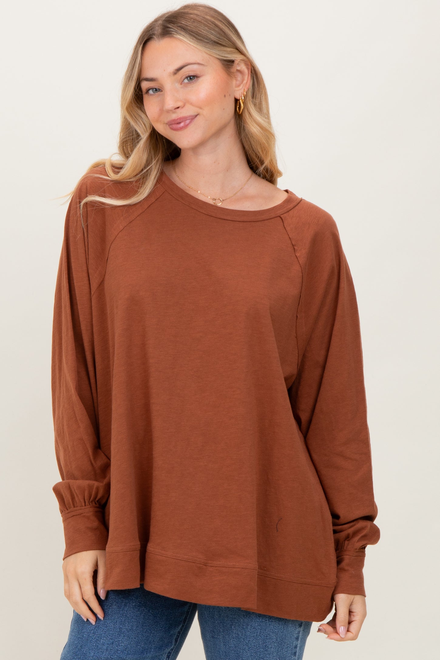 Mocha Oversized Cotton Slub Long Sleeve Maternity Top