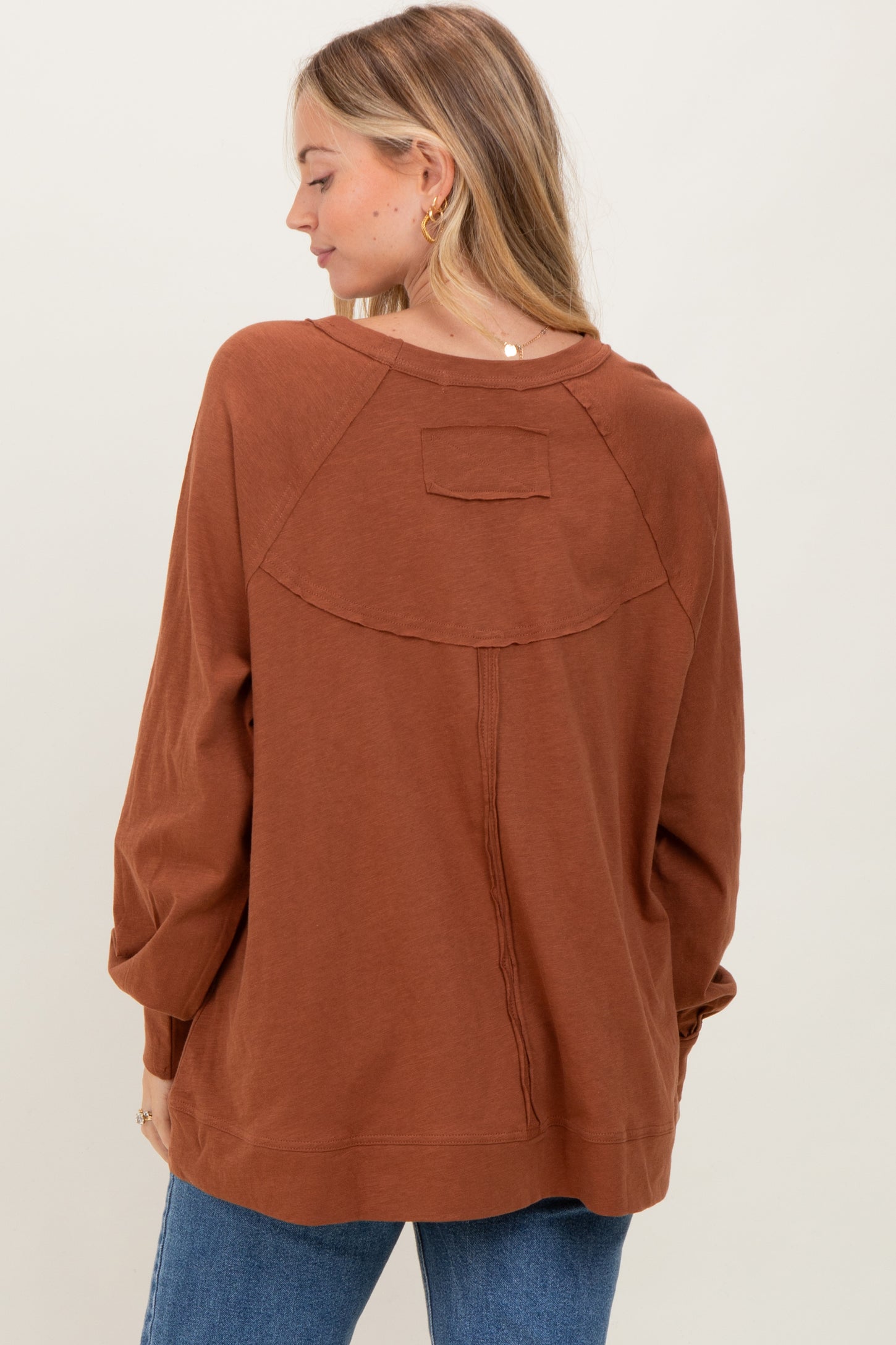 Mocha Oversized Cotton Slub Long Sleeve Top