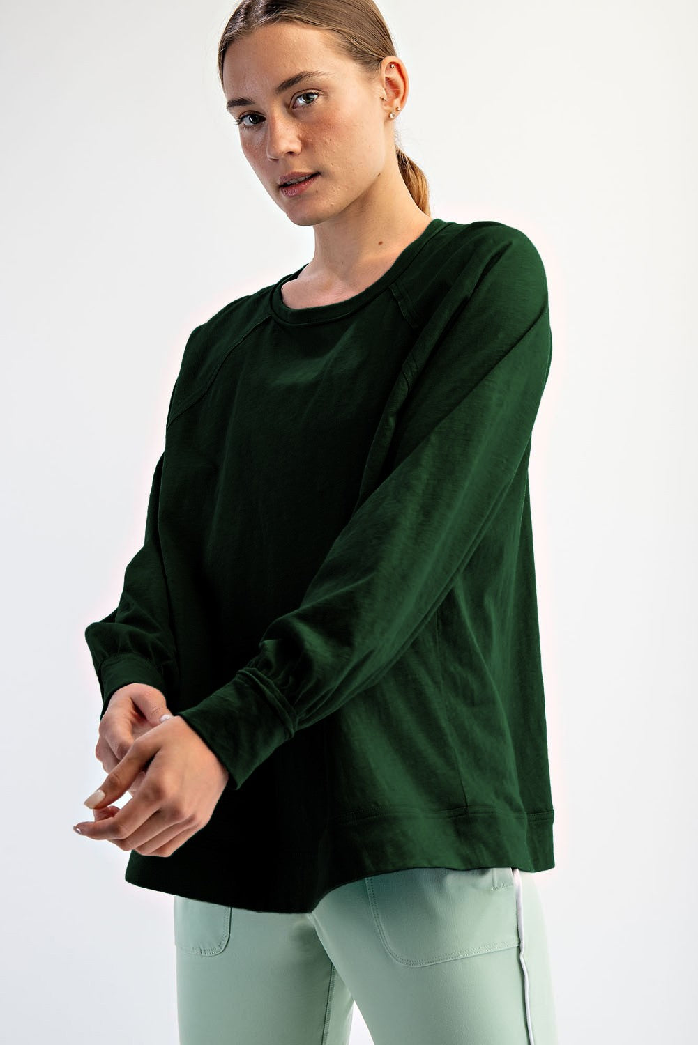 Forest Green Oversized Cotton Slub Long Sleeve Maternity Top