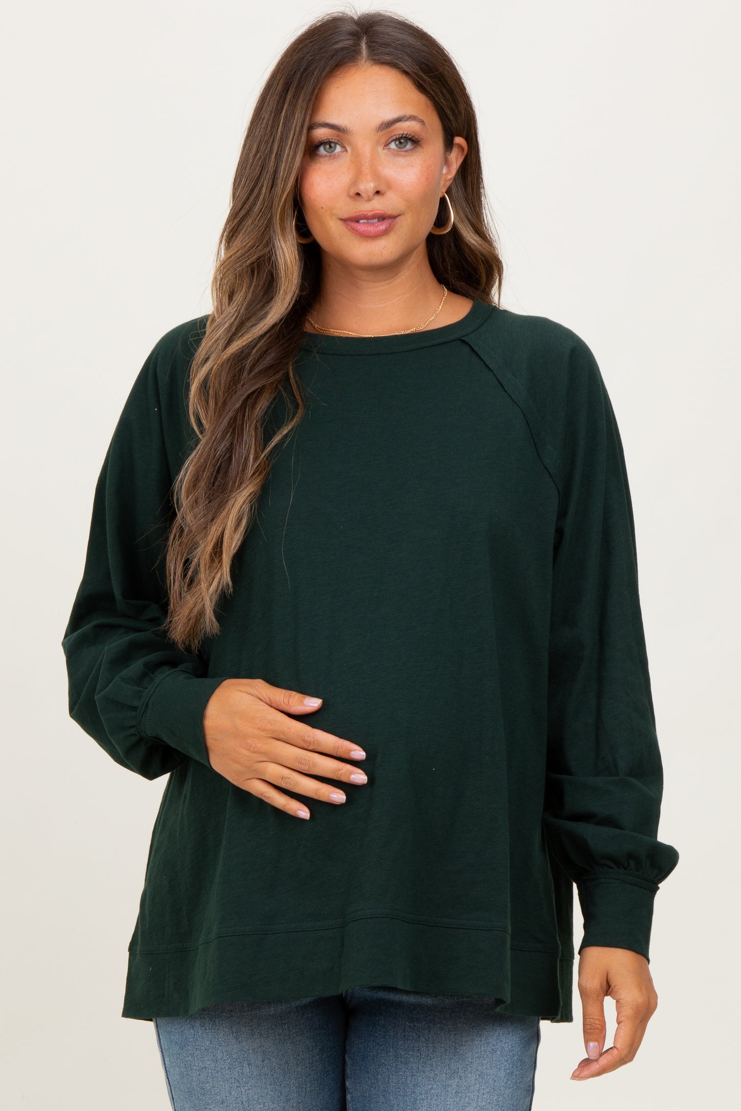 Forest Green Oversized Cotton Slub Long Sleeve Maternity Top