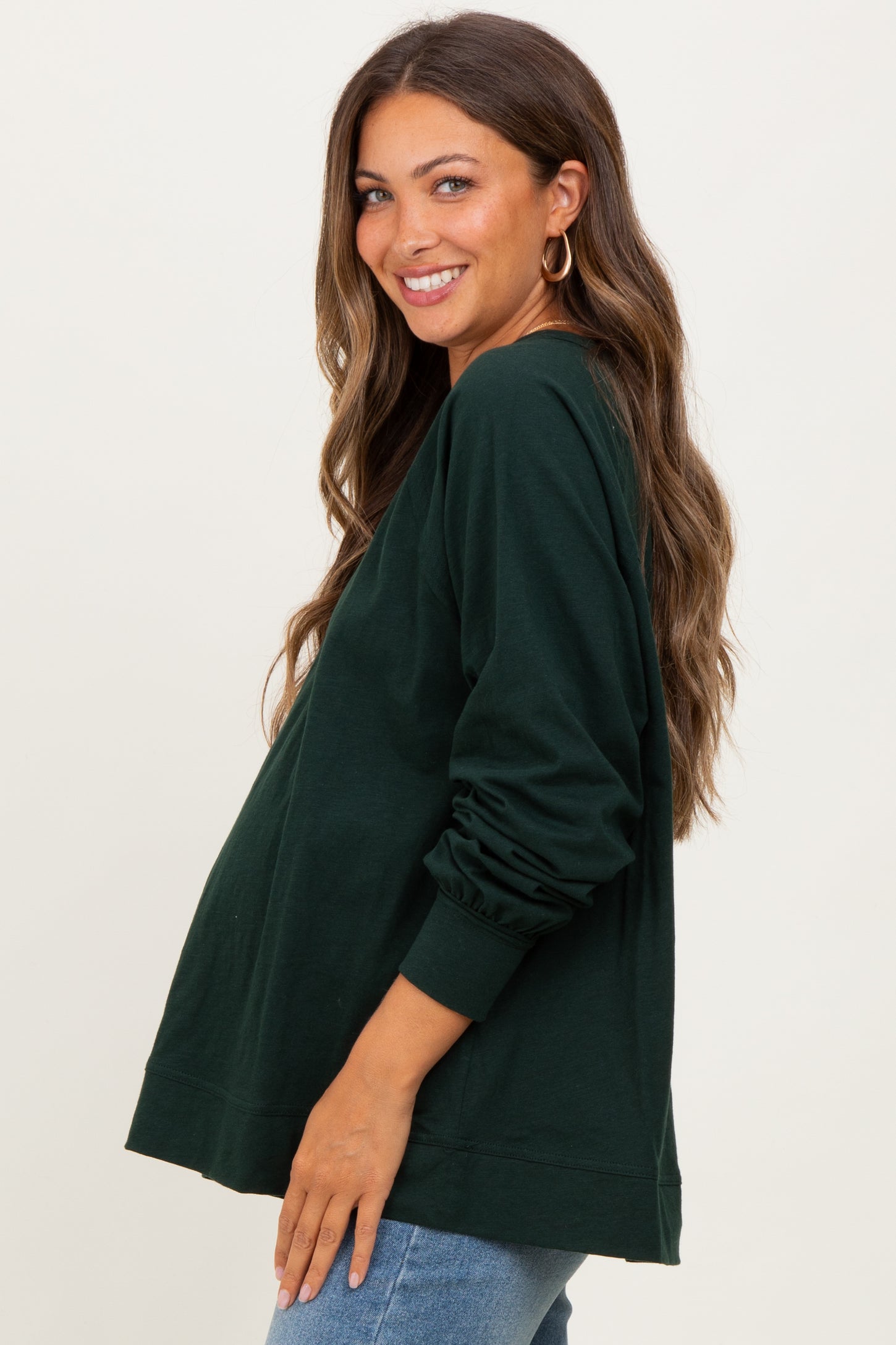 Forest Green Oversized Cotton Slub Long Sleeve Maternity Top
