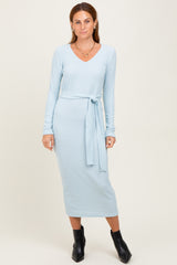Light Blue Solid Brushed Rib Long Sleeve V-Neck Fitted Midi Dress