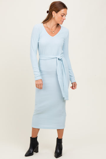Light Blue Solid Brushed Rib Long Sleeve V-Neck Fitted Midi Dress