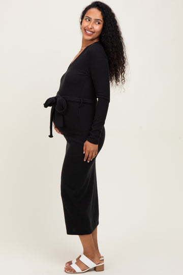Black Solid Brushed Rib Long Sleeve V-Neck Fitted Maternity Midi Dress