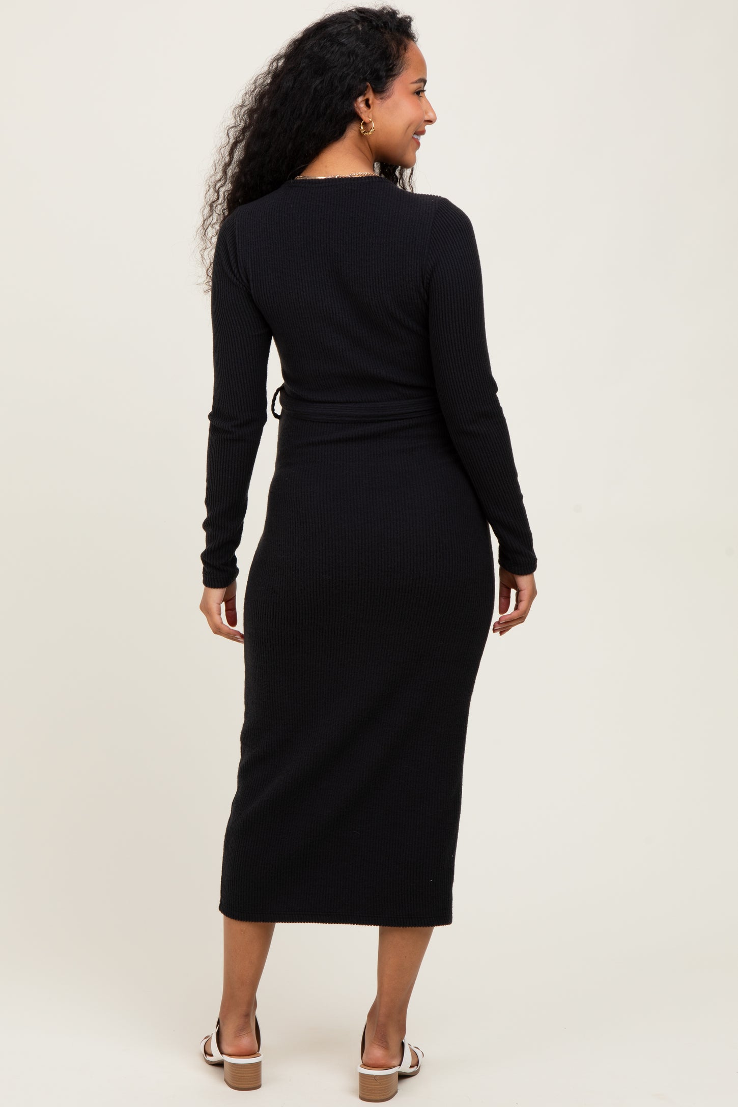 Black Solid Brushed Rib Long Sleeve V-Neck Fitted Maternity Midi Dress