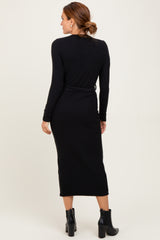 Black Solid Brushed Rib Long Sleeve V-Neck Fitted Midi Dress