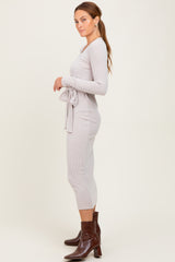 Beige Solid Brushed Rib  Long Sleeve V-Neck Fitted Midi Dress