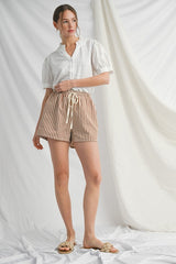 Mocha Drawstring Waist Striped Shorts