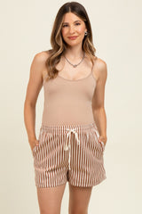 Mocha Drawstring Waist Striped Maternity Shorts