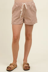 Mocha Drawstring Waist Striped Maternity Shorts