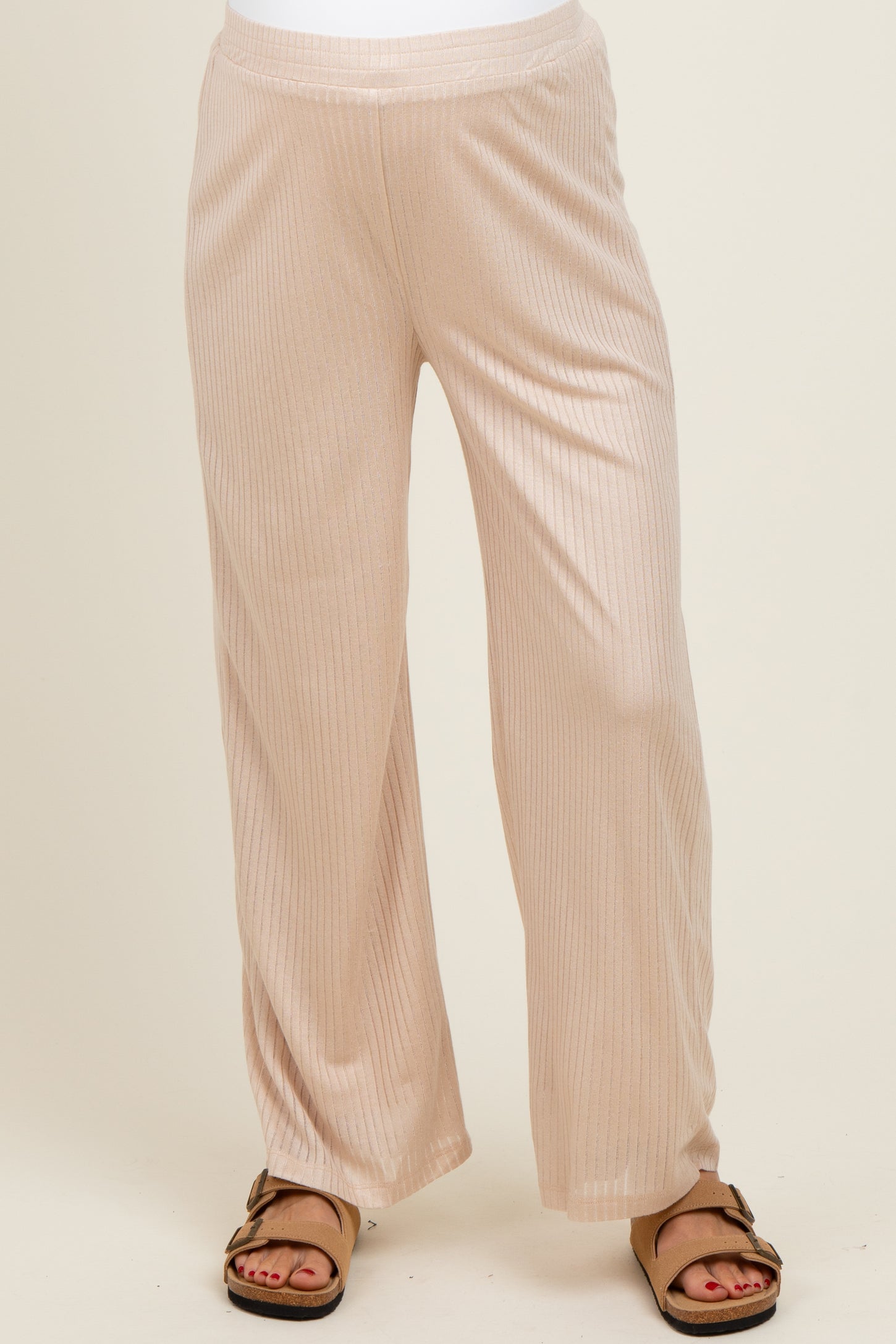 Beige Ribbed Side Pocket Maternity Lounge Pants