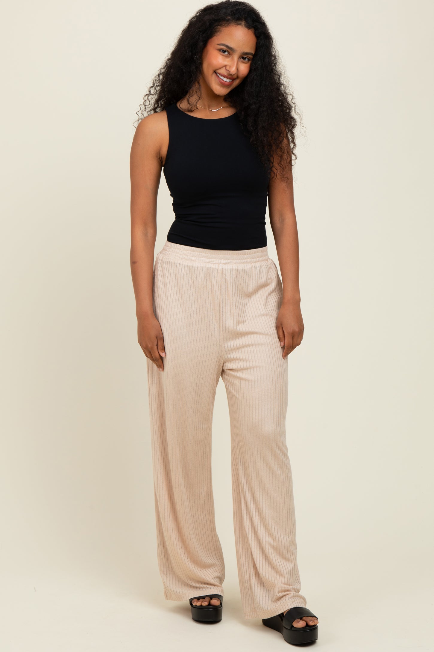 Beige Ribbed Side Pocket Lounge Pants