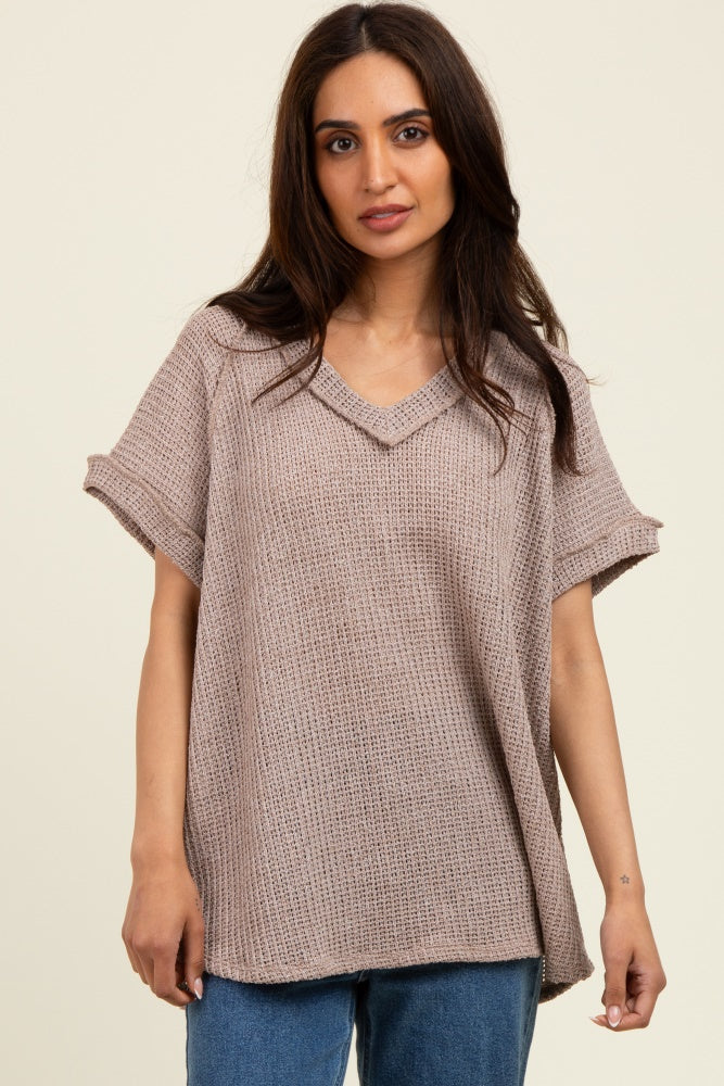Mocha Short Sleeve V-Neck Solid Waffle Knit Top