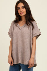 Mocha Short Sleeve V-Neck Solid Waffle Knit Top