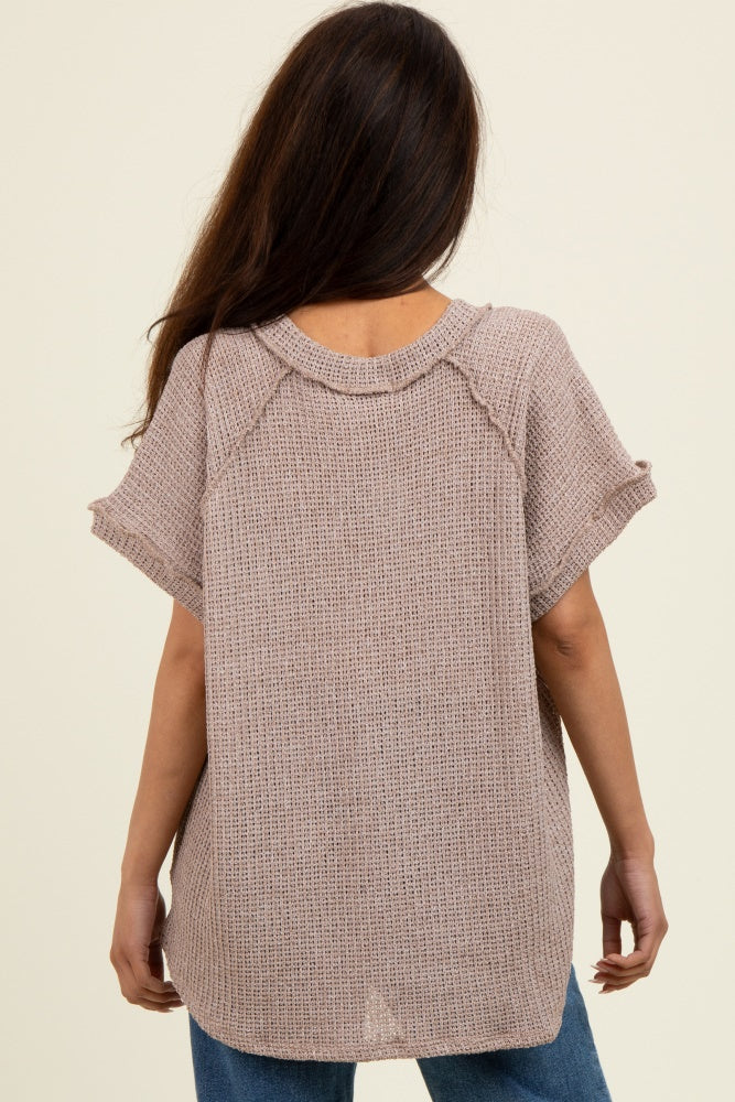 Mocha Short Sleeve V-Neck Solid Waffle Knit Top