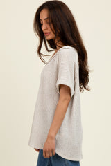 Taupe Short Sleeve V-Neck Solid Waffle Knit Top