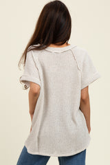 Taupe Short Sleeve V-Neck Solid Waffle Knit Top