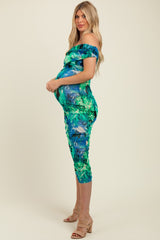 Green Printed Off Shoulder Ruched Maternity Midi Dress