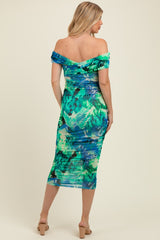 Green Printed Off Shoulder Ruched Maternity Midi Dress