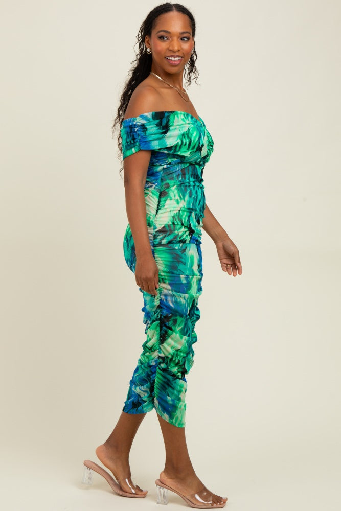 Green Printed Off Shoulder Ruched Midi Dress