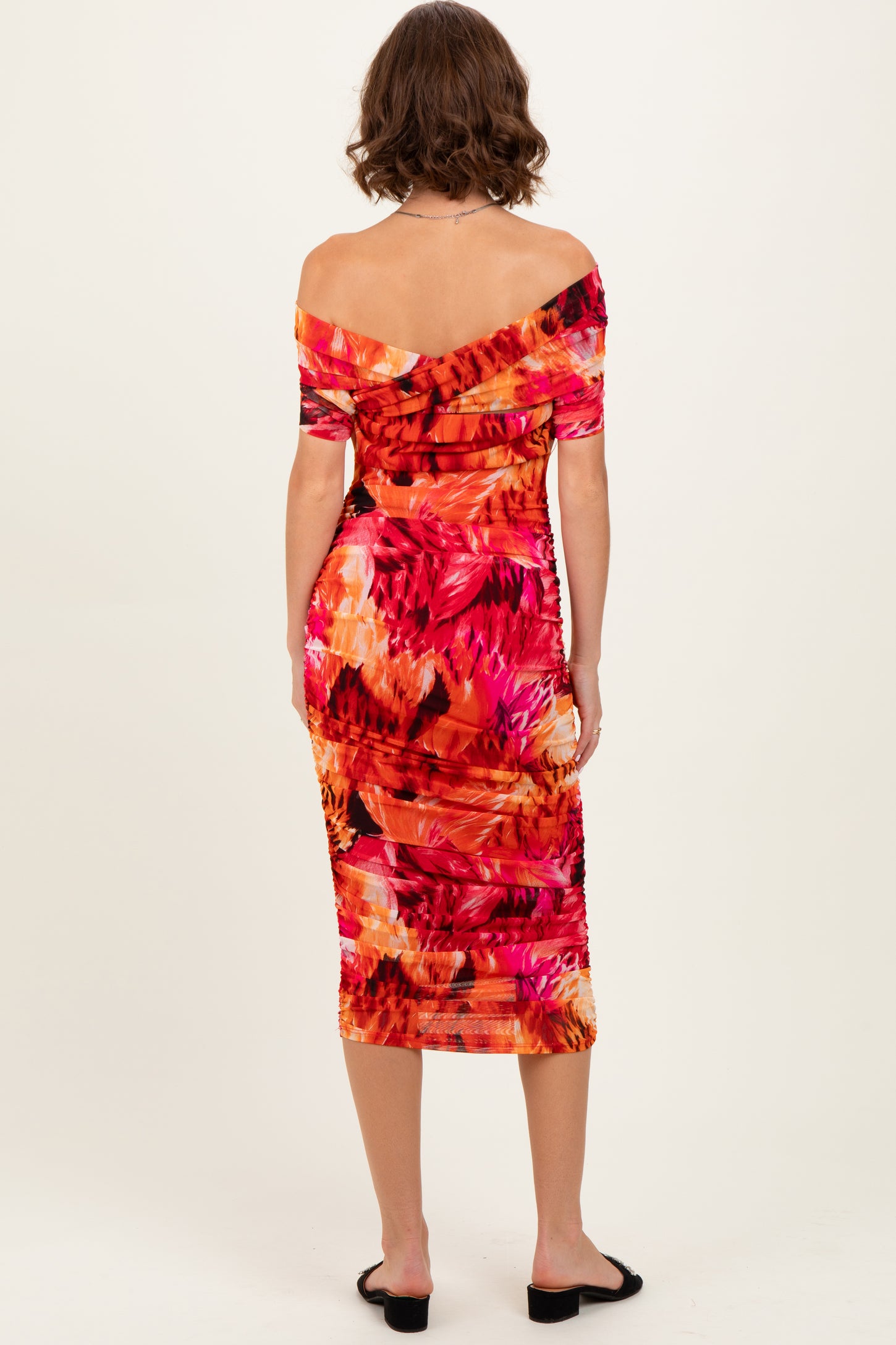 Orange Printed Off Shoulder Ruched Midi Dress