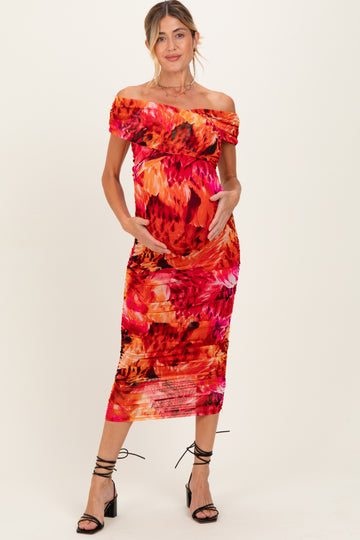 Orange Printed Off Shoulder Ruched Maternity Midi Dress
