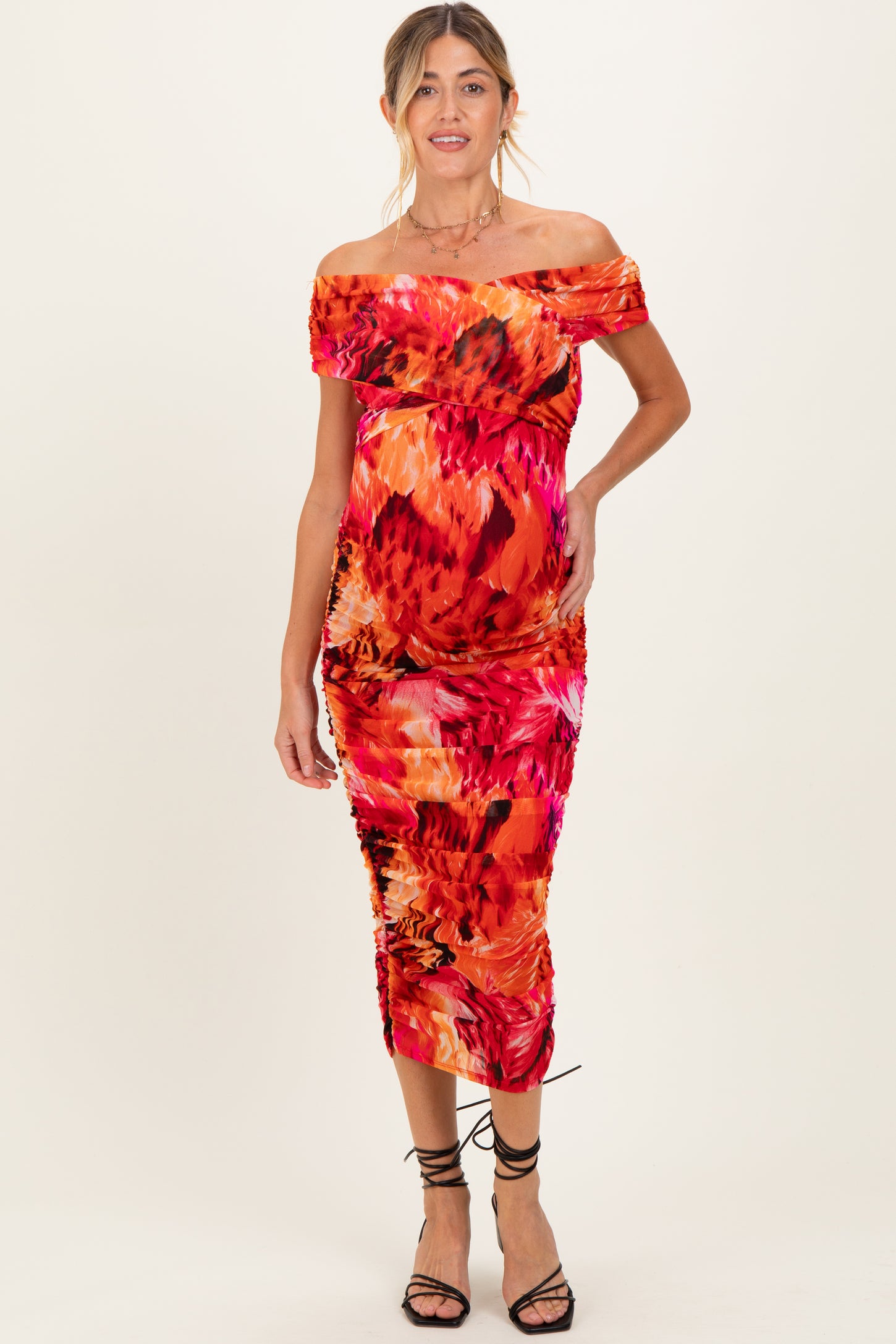 Orange Printed Off Shoulder Ruched Maternity Midi Dress