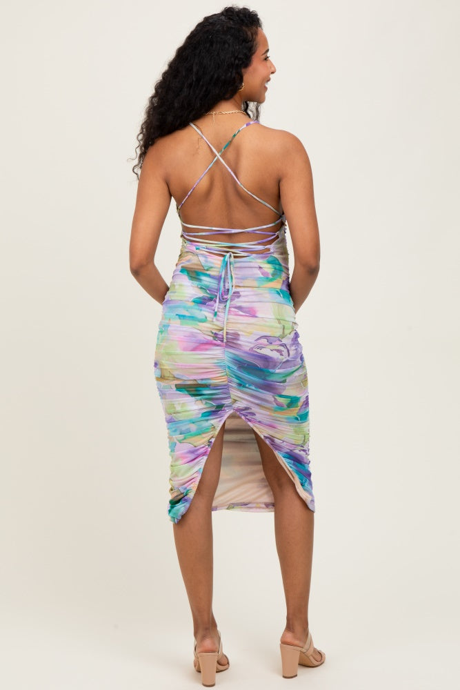 Lavender Printed Ruched Crisscross Back Maternity Midi Dress