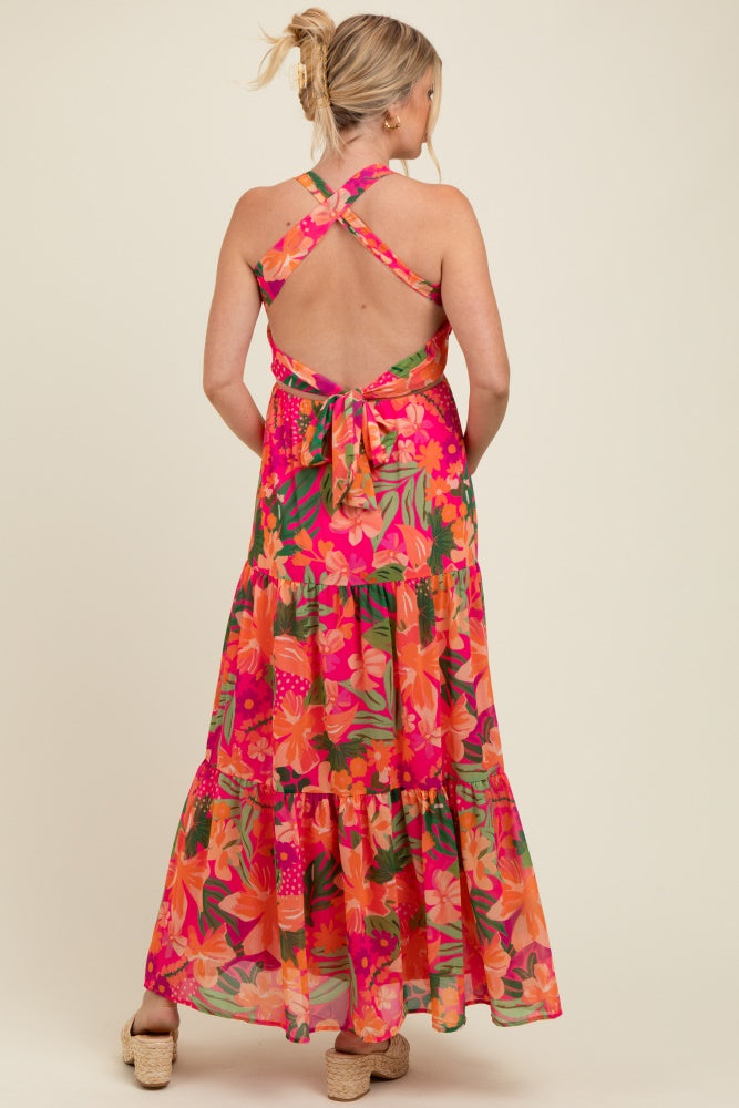 Fuchsia Tropical Print Smocked Crisscross Open Back Maternity Maxi Dress