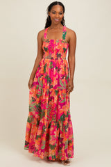 Fuchsia Tropical Print Smocked Crisscross Open Back Maternity Maxi Dress