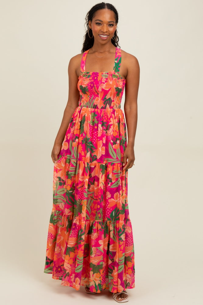 Fuchsia Tropical Print Smocked Crisscross Open Back Maxi Dress