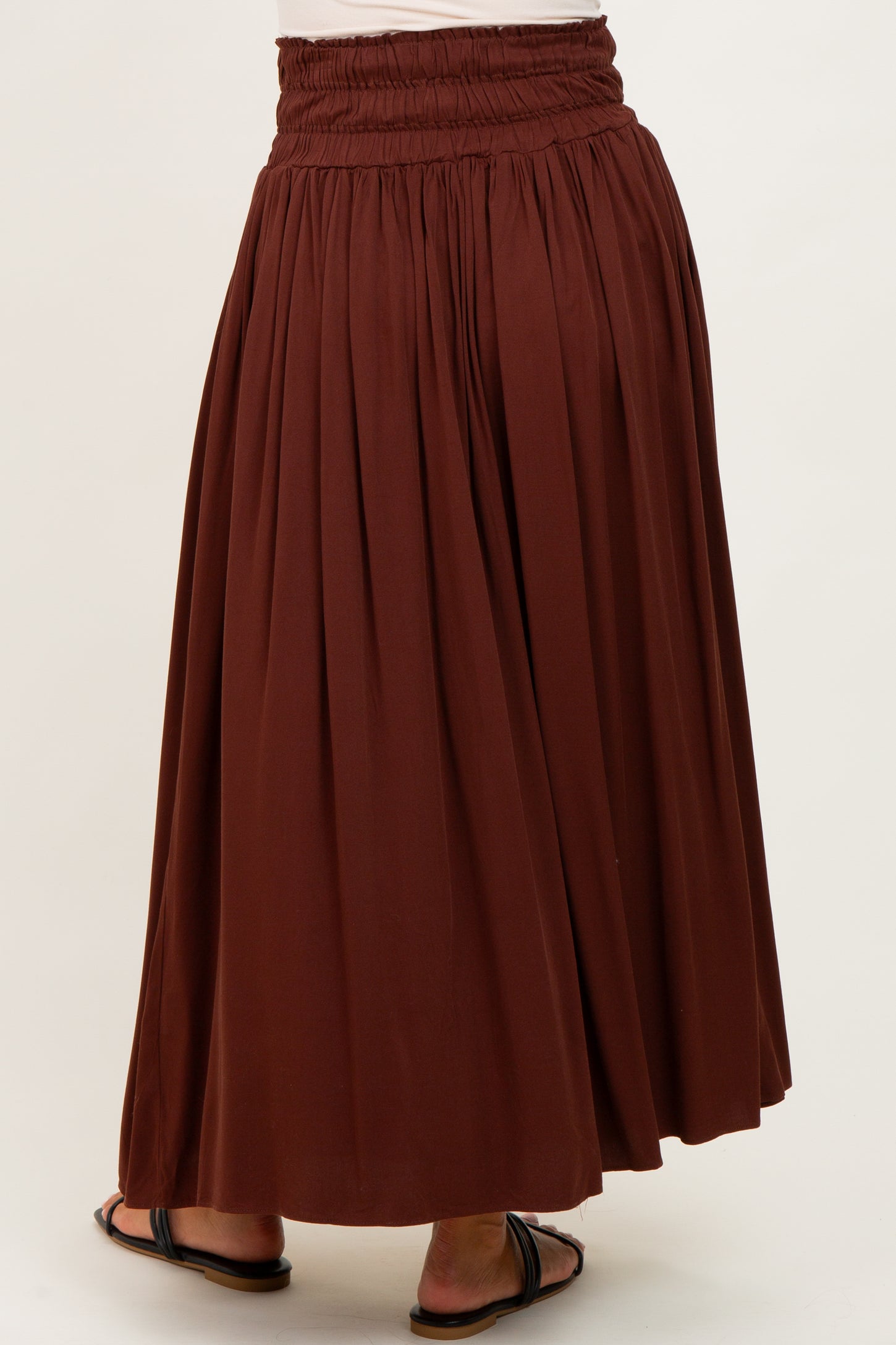 Brown Smocked Waistband Pleated Maternity Maxi Skirt
