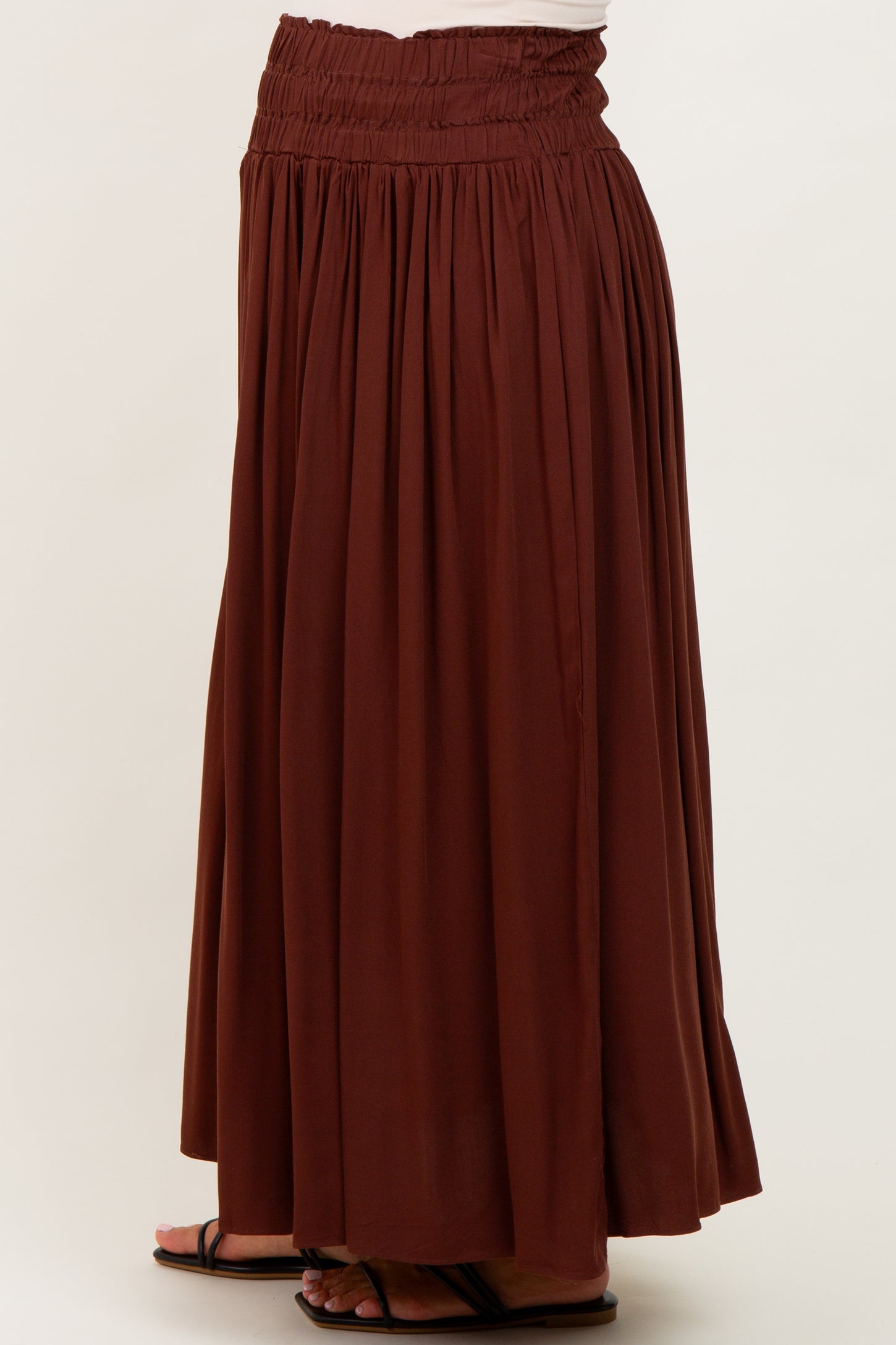 Brown Smocked Waistband Pleated Maternity Maxi Skirt