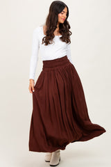 Brown Smocked Waistband Pleated Maxi Skirt