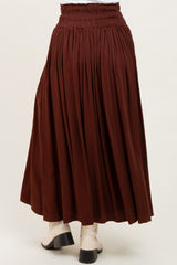 Brown Smocked Waistband Pleated Maxi Skirt