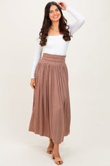 Mocha Smocked Waistband Pleated Maxi Skirt