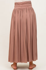 Mocha Smocked Waistband Pleated Maternity Maxi Skirt