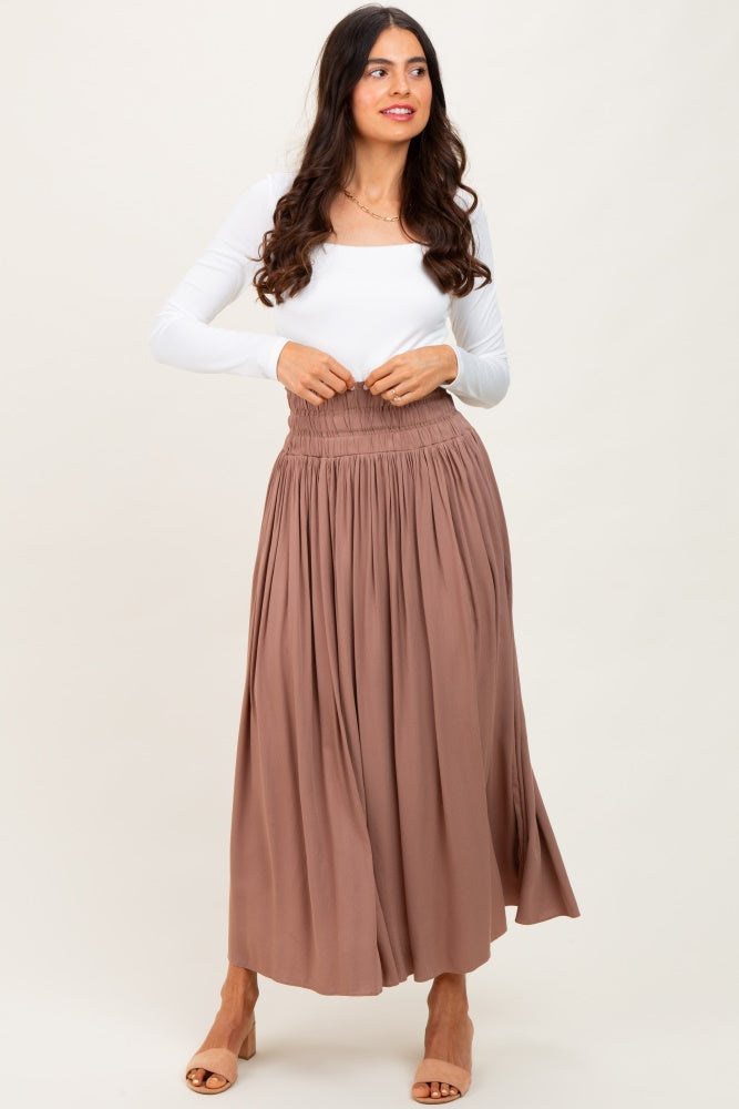 Mocha Smocked Waistband Pleated Maxi Skirt