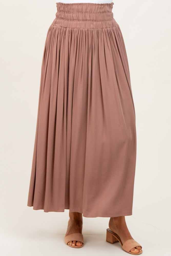 Mocha Smocked Waistband Pleated Maxi Skirt