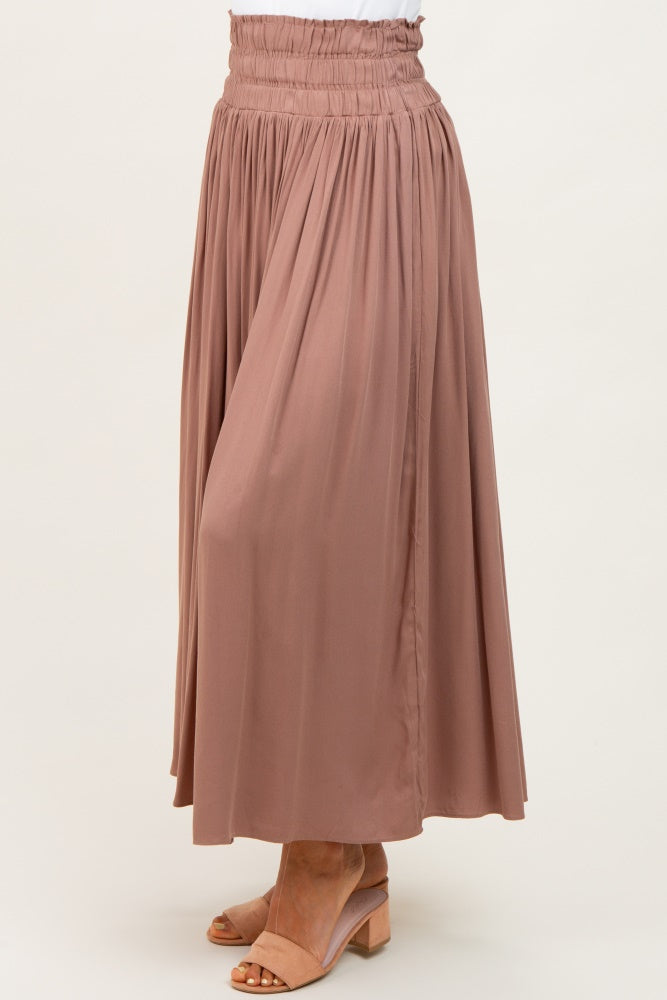 Mocha Smocked Waistband Pleated Maxi Skirt