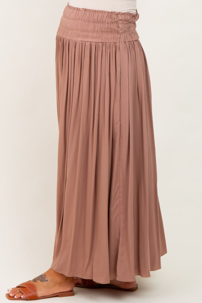 Mocha Smocked Waistband Pleated Maternity Maxi Skirt