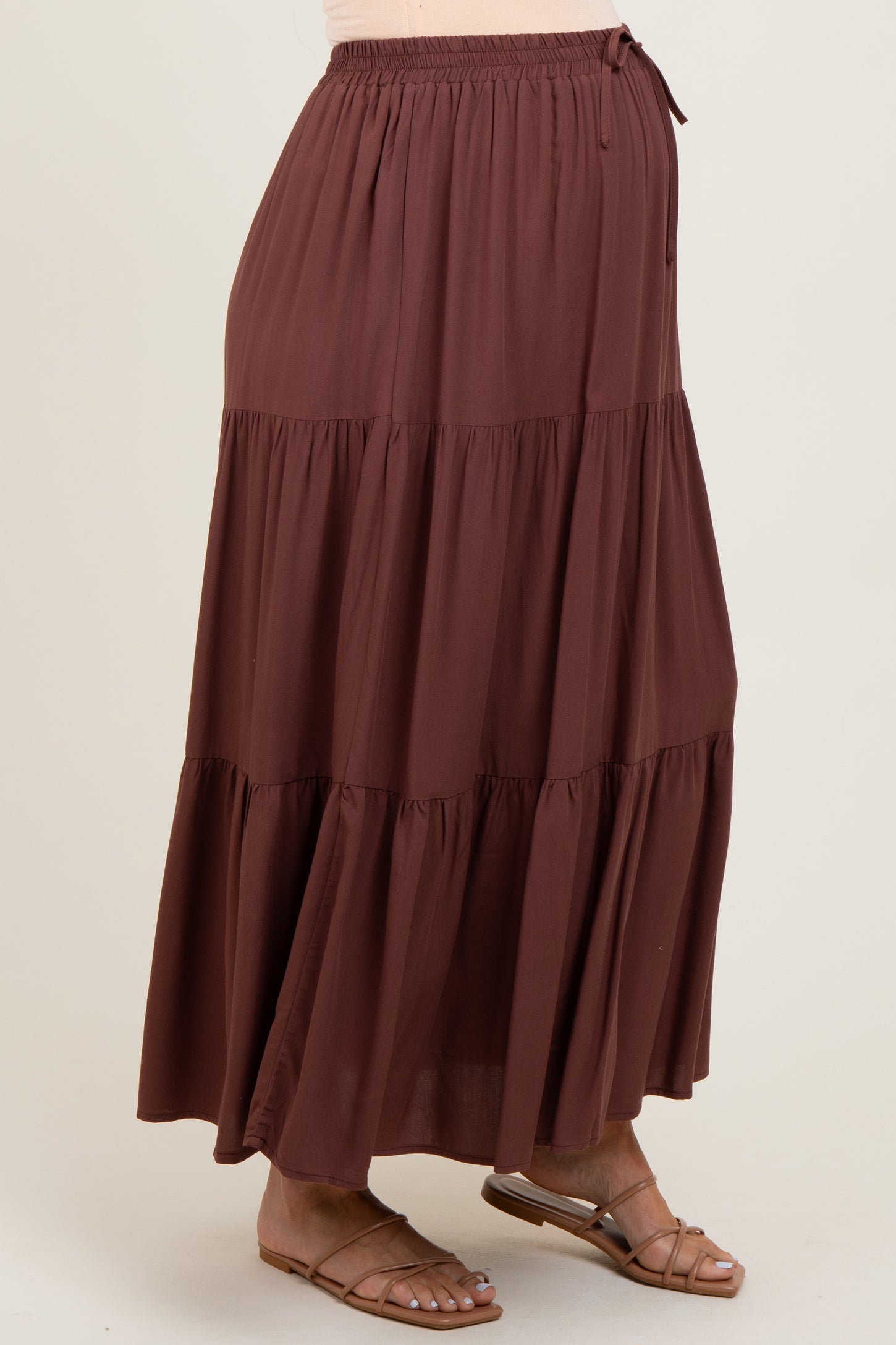 Brown Drawstring Tiered Maternity Maxi Skirt