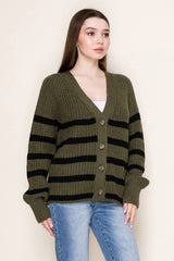 Olive Striped Chunky Knit Button Cardigan