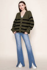 Olive Striped Chunky Knit Button Cardigan