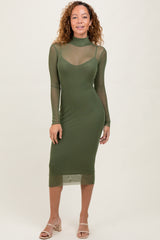 Olive Green Mesh Overlay Fitted Maternity Midi Dress